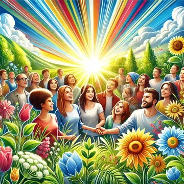 Ambiente positivo: ilustración de alegría, armonía y naturaleza.
Ilustración de un ambiente positivo con personas sonrientes en un entorno soleado, rodeadas de naturaleza, flores y un cielo radiante.